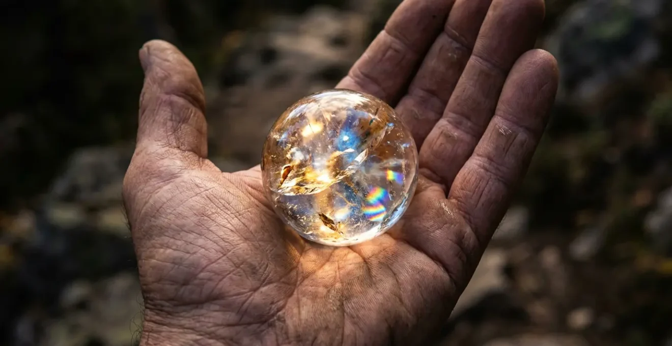 Figura meditativa sosteniendo luz interior en sendero montañoso místico