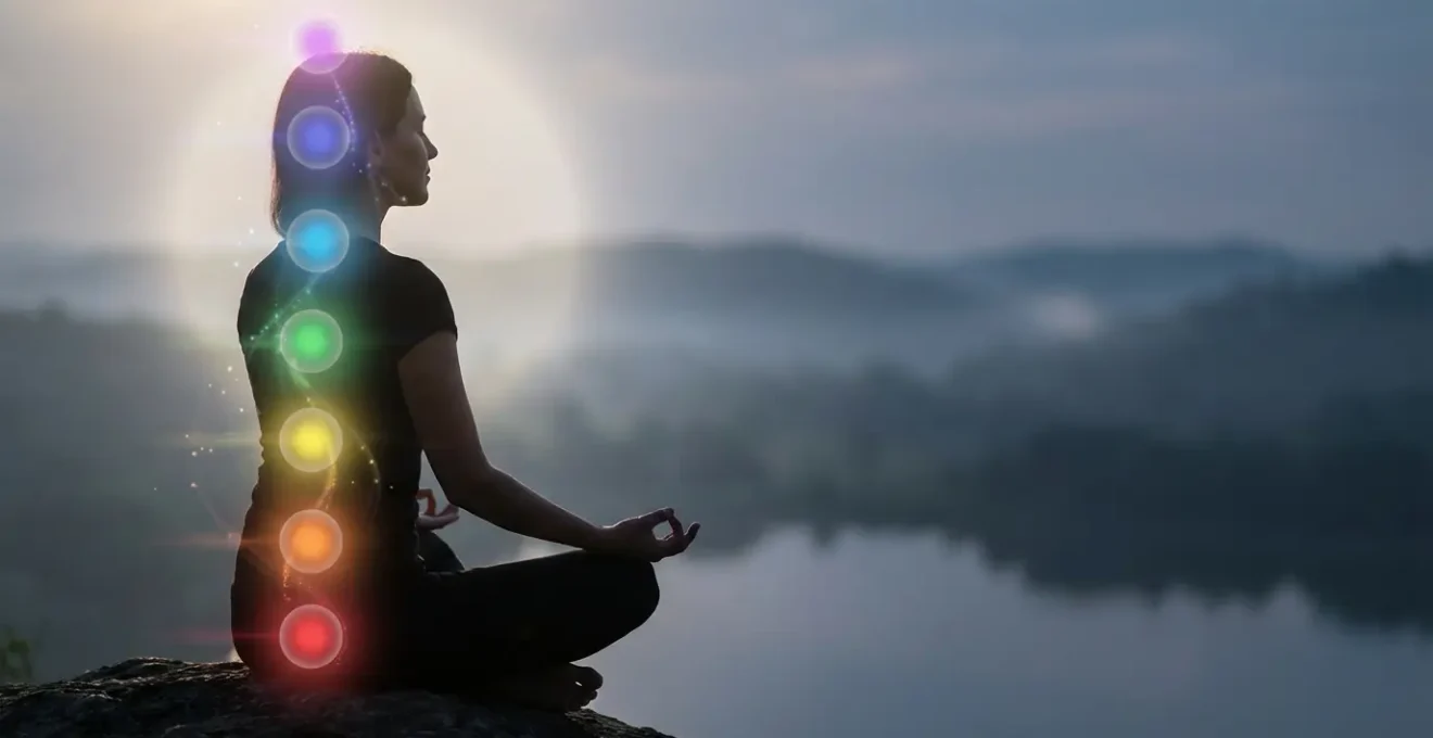 Meditación de los siete chakras con visualización de energías coloridas ascendiendo por la columna vertebral