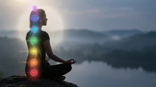Meditación de los siete chakras con visualización de energías coloridas ascendiendo por la columna vertebral