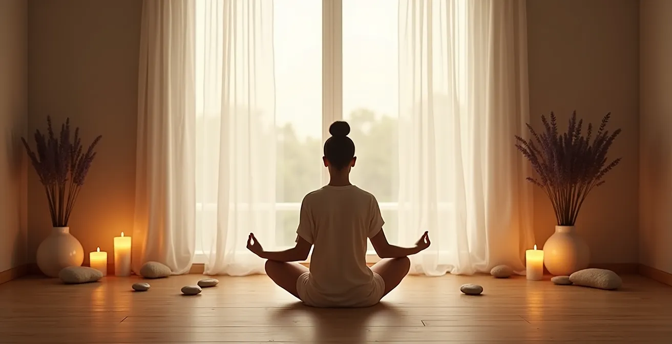 Espacio sereno de meditación con velas y elementos naturales