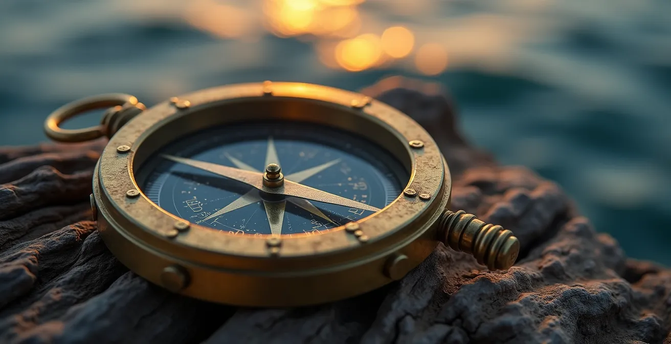 Brújula dorada apuntando hacia constelaciones formando el símbolo del Nodo Norte lunar