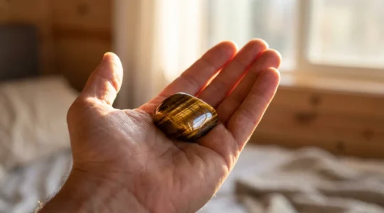 Ojo de tigre brillante con reflejos dorados siendo sostenido en una mano, emanando energía protectora