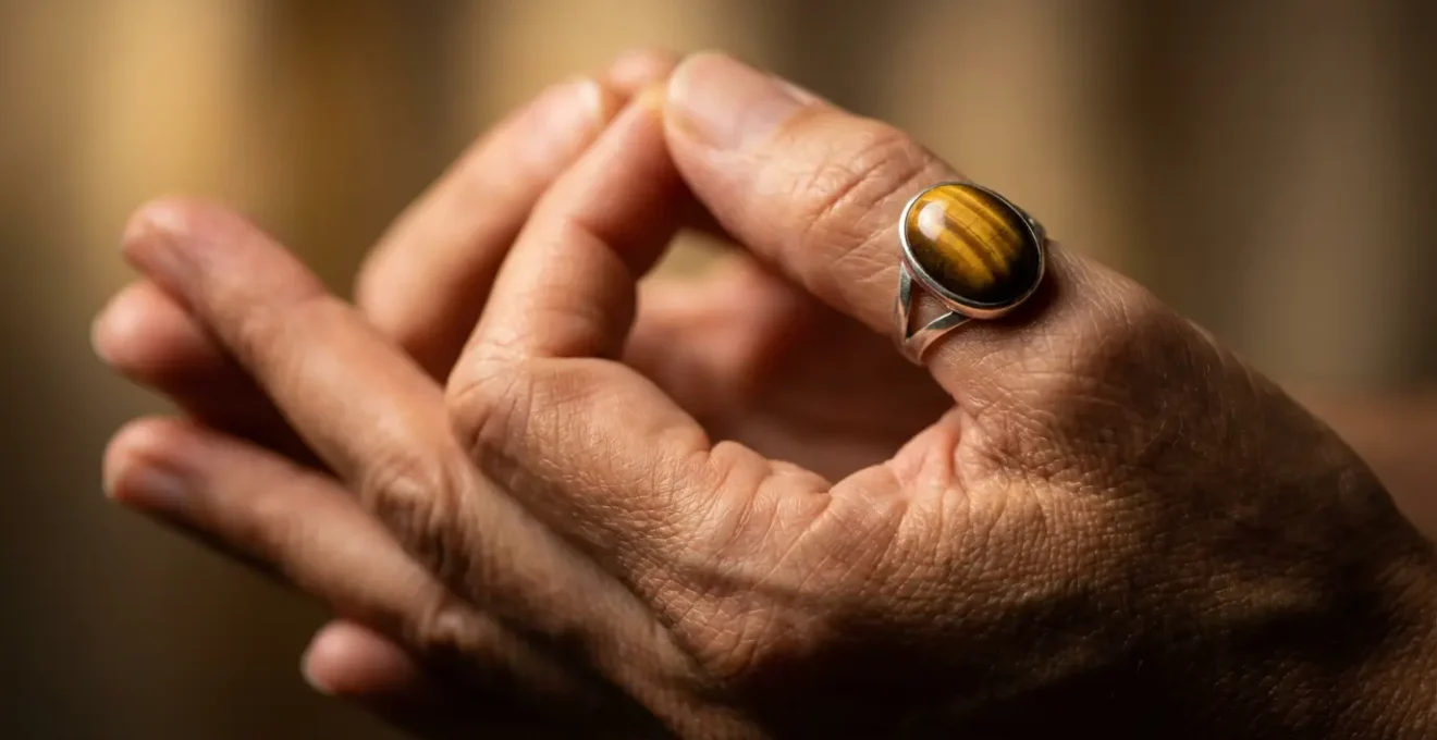 Detalle macro de manos con anillo de ojo de tigre mostrando texturas naturales