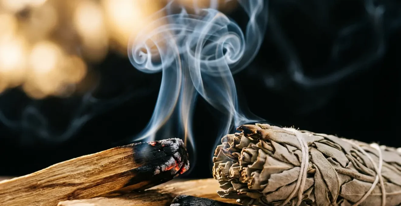 Humo sagrado de palo santo y salvia blanca elevándose en espirales con detalles macro de las texturas naturales