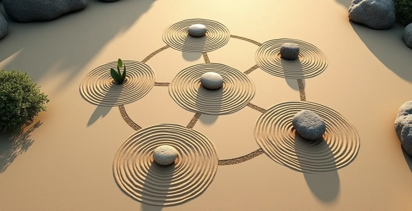 Diagrama visual del Pentágono del Alma mostrando el flujo dinámico entre las cinco posiciones tántricas