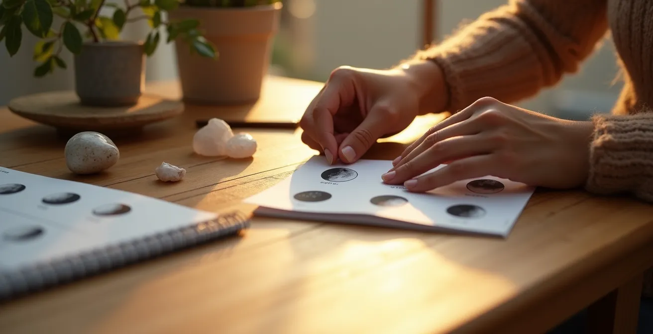 Mesa con calendario lunar, cristales y manos planificando bajo luz dorada