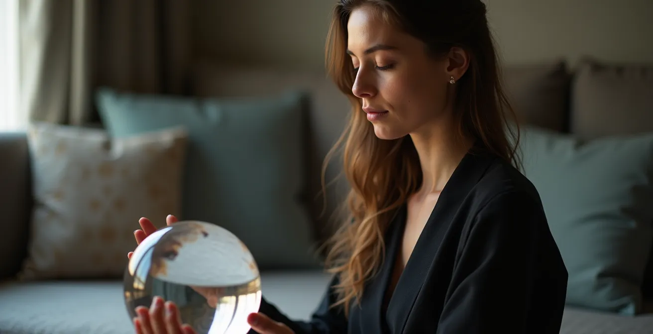 Persona practicando la técnica de mirada suave con bola de cristal