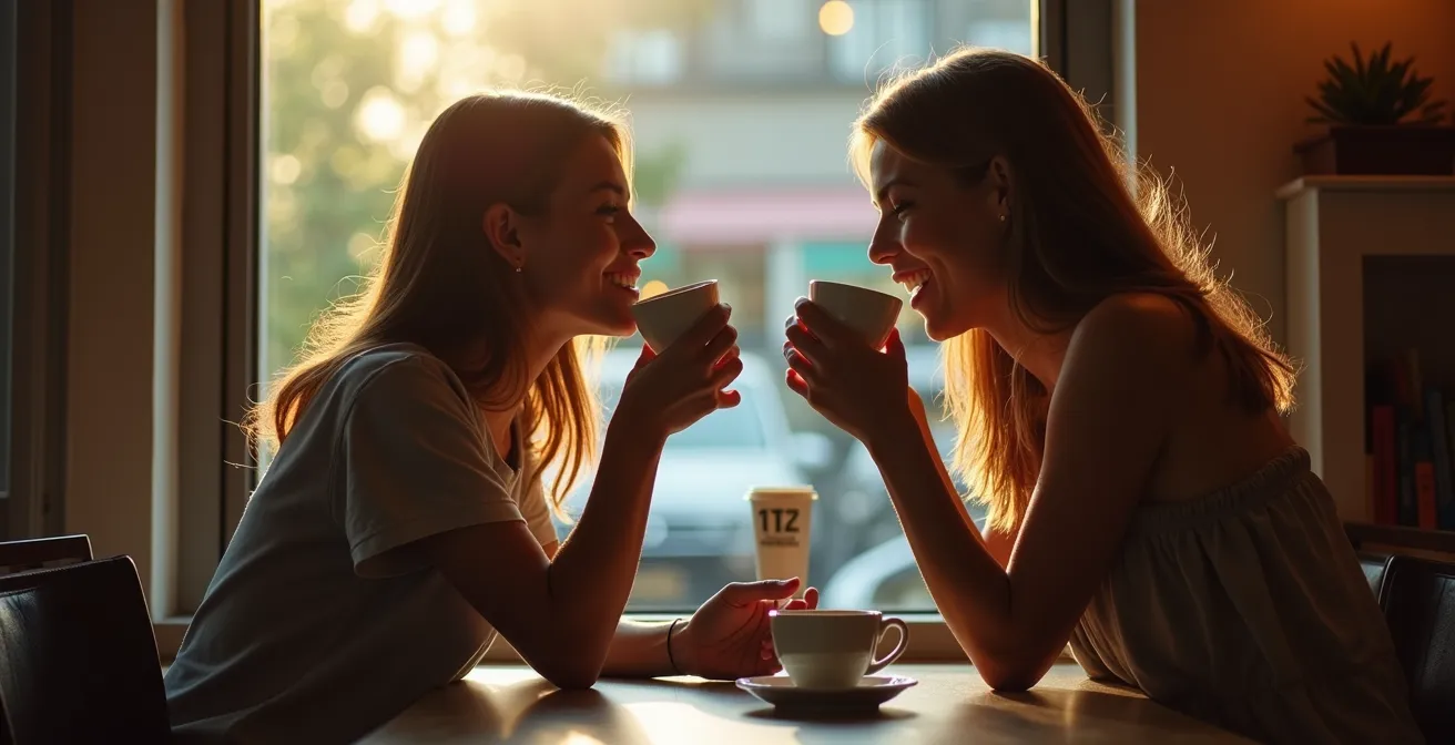Pareja conversando en café mostrando diferentes ritmos corporales y gestos