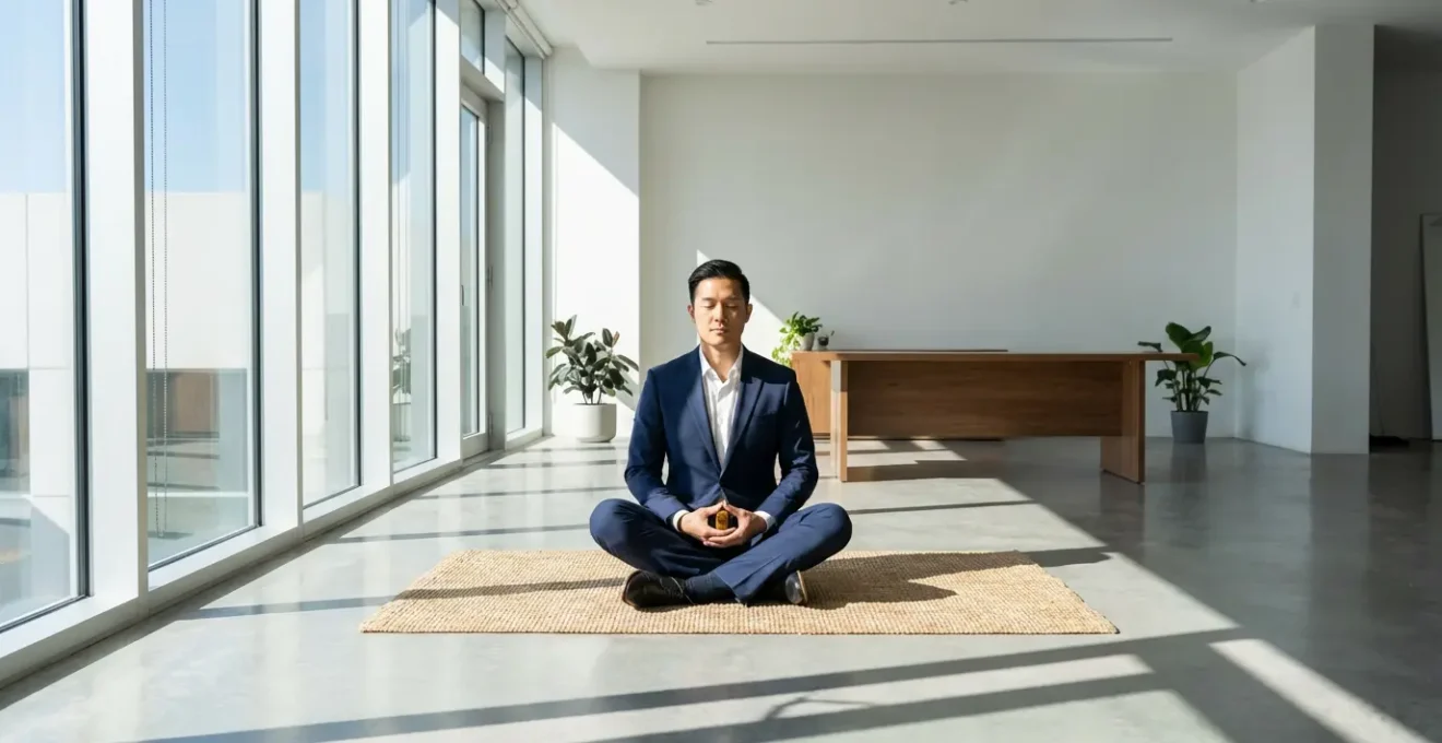 Persona en traje profesional sosteniendo discretamente una piedra ojo de tigre mientras medita en una oficina luminosa