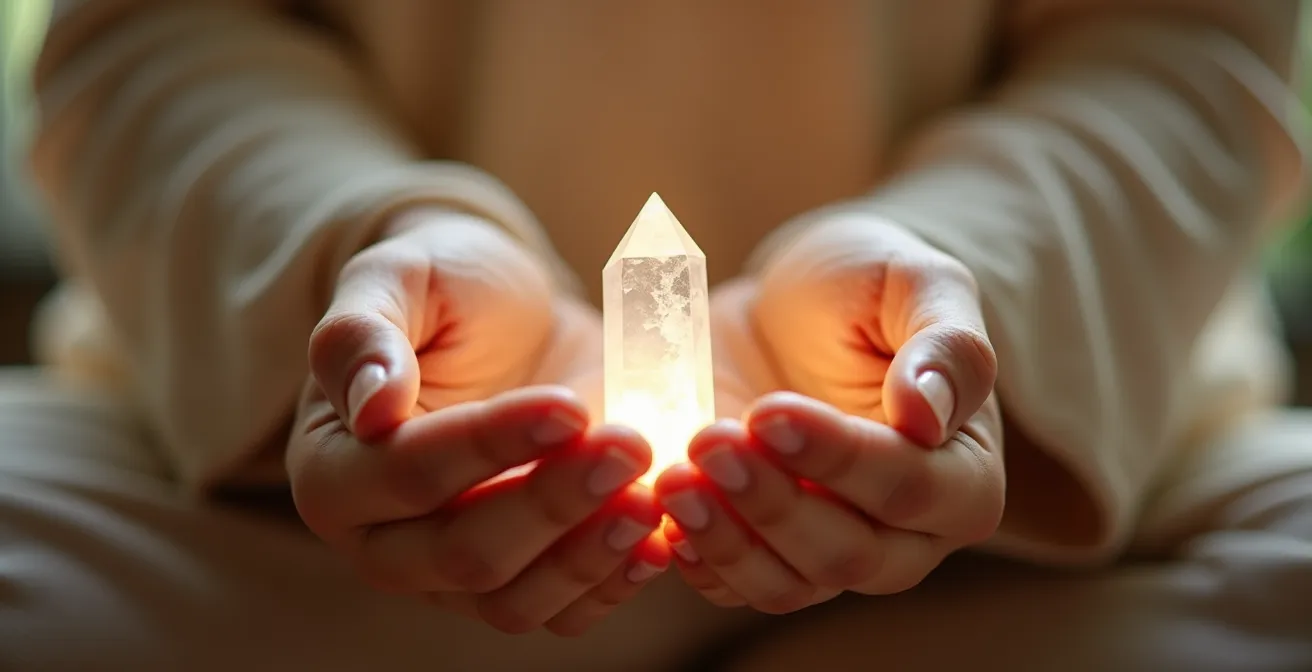 Manos sosteniendo un cuarzo cristal transparente con luz suave