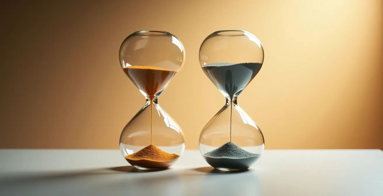 Dos relojes de arena con diferentes velocidades de flujo simbolizando ritmos de vida distintos
