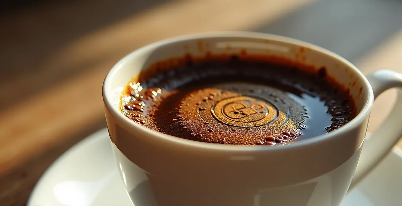 Vista cenital de taza de café con posos formando patrones junto a carta astral