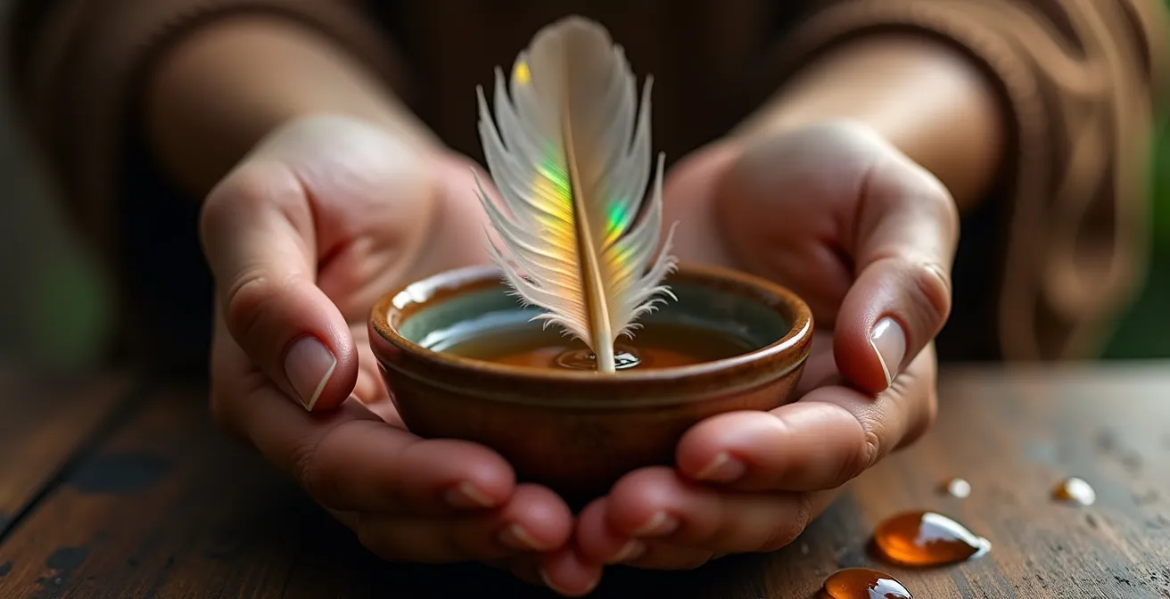 Detalle macro de manos sosteniendo pluma sobre cuenco con aceite esencial