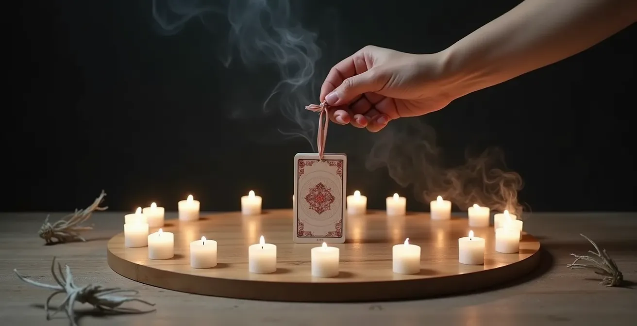 Mesa ritual con carta del Colgado apartada y velas simbolizando liberación emocional