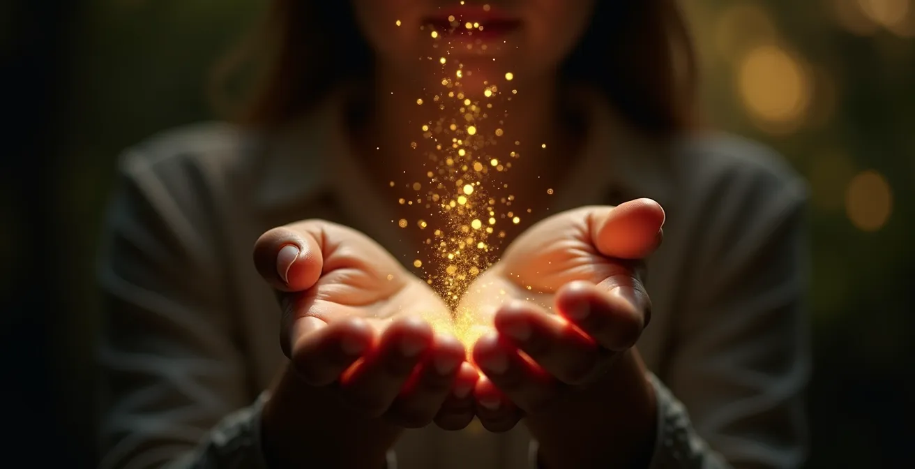 Manos liberando hilos dorados que se disuelven en partículas luminosas
