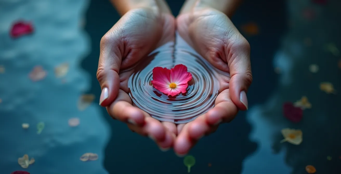 Persona meditando junto al agua durante ritual de sanación lunar en Piscis