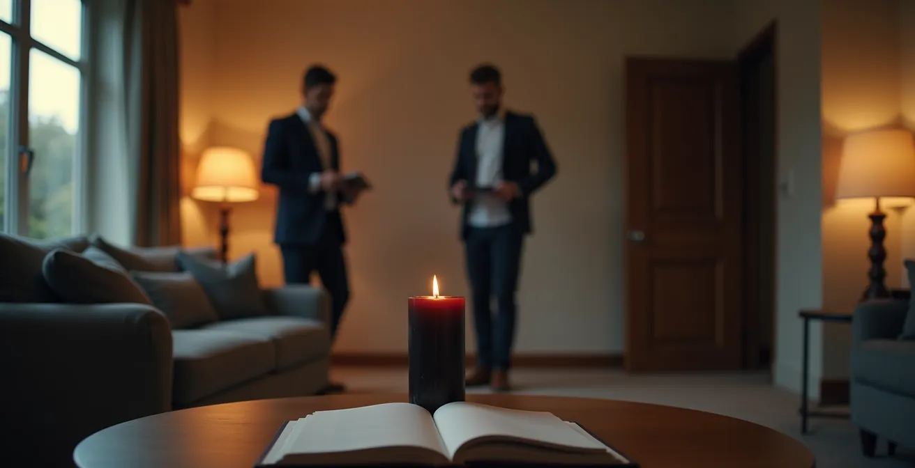 Profesional del tarot realizando ritual de cierre de jornada con vela y diario