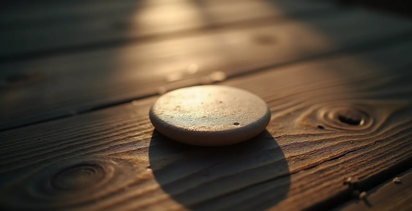 Runa en blanco sobre superficie de madera oscura rodeada de luz difusa