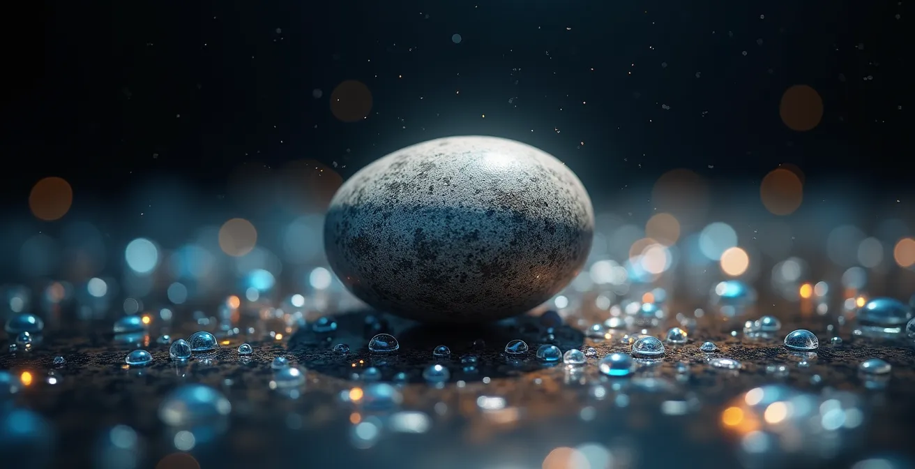 Piedra rúnica lisa flotando en espacio cuántico con ondas de probabilidad