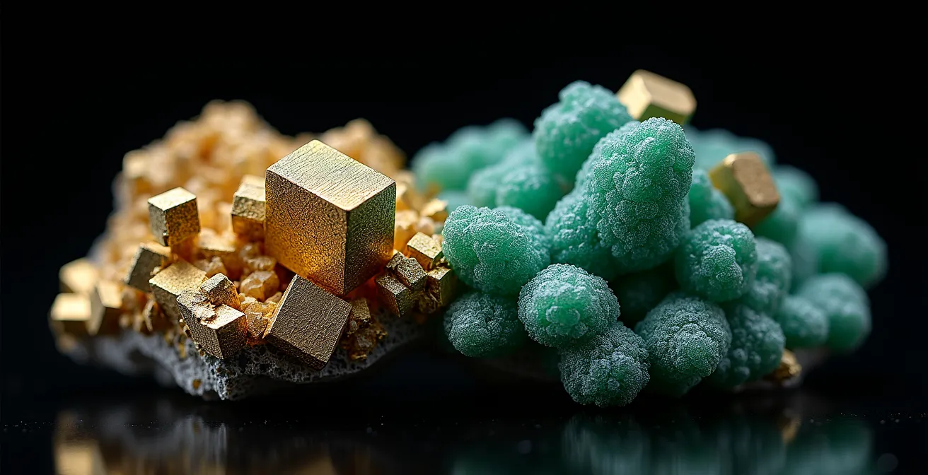 Composición macro de minerales en transición cristalina mostrando estructuras fijas y mutables bajo luz controlada