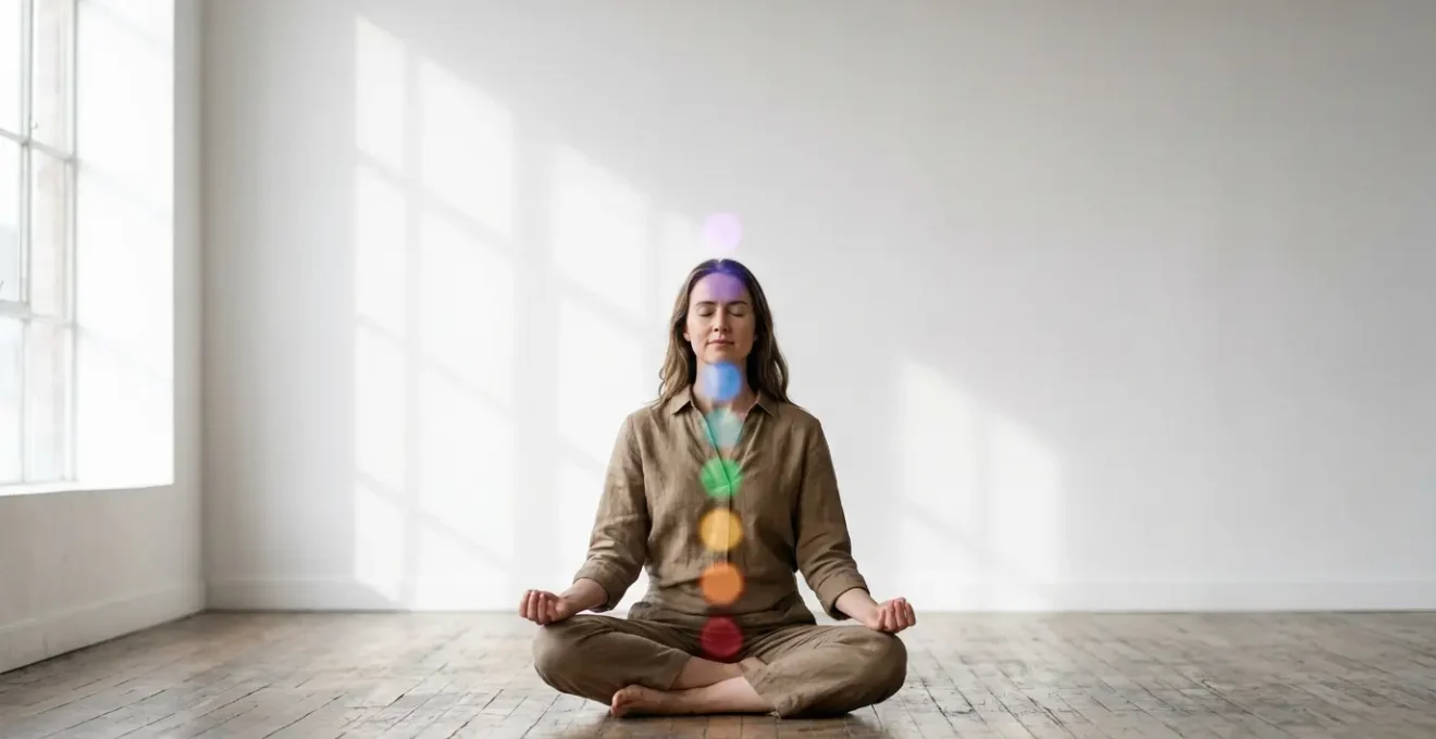 Mujer meditando con representación luminosa de los siete chakras alineados a lo largo de su columna vertebral