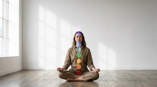 Mujer meditando con representación luminosa de los siete chakras alineados a lo largo de su columna vertebral