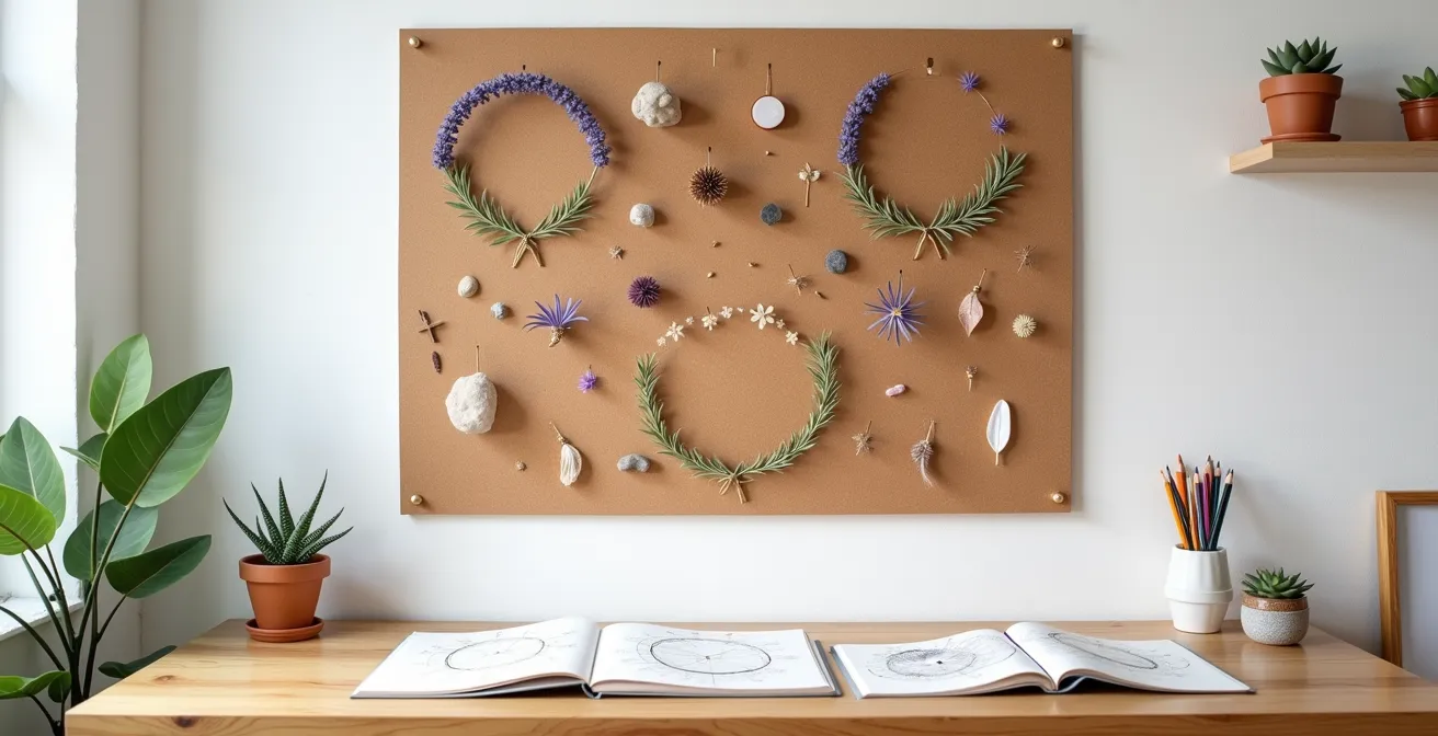 Tablero de visión con símbolos zodiacales y elementos de Júpiter para planificación de metas