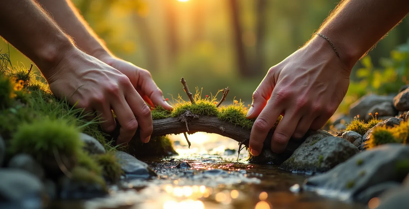 Manos construyendo un puente simbólico entre dos orillas que representan el trabajo actual y la misión de vida
