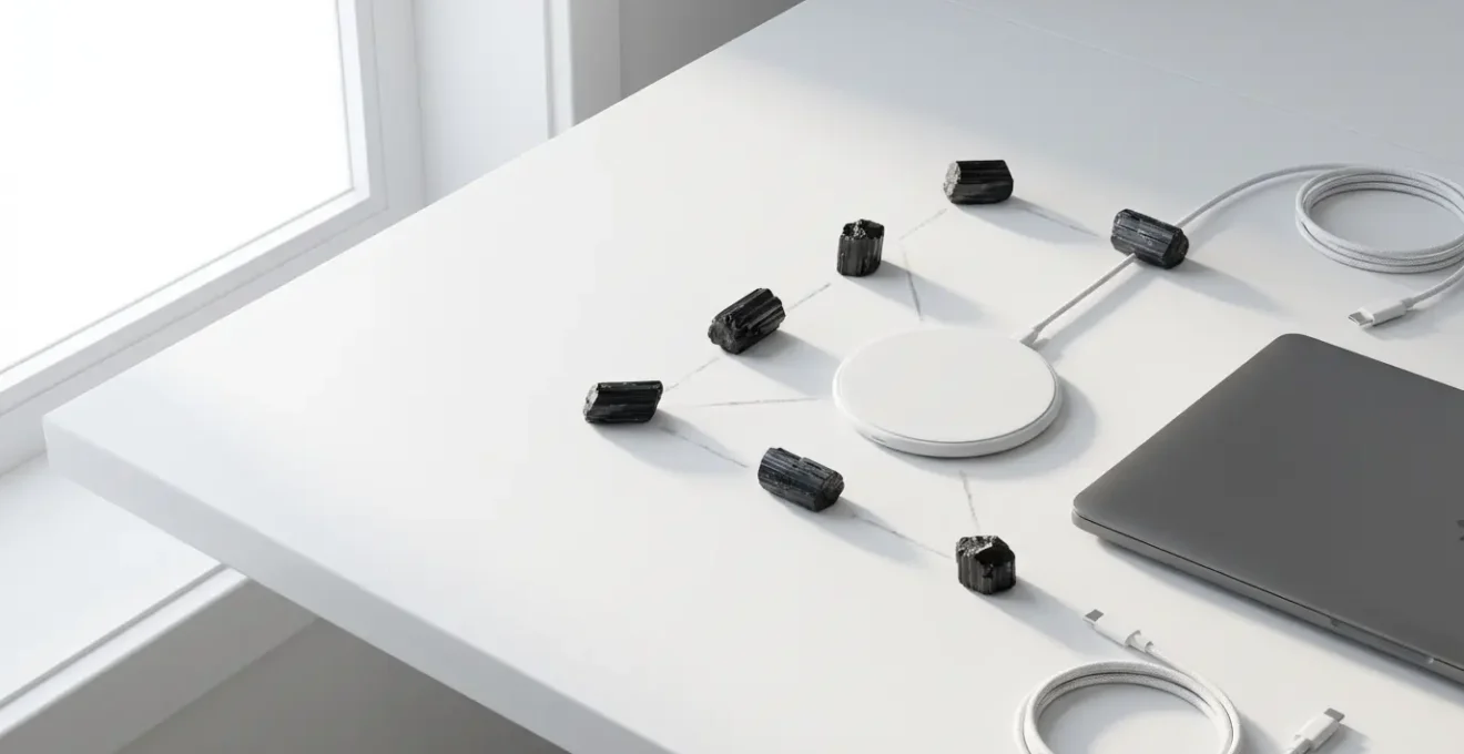 Turmalina negra junto a dispositivos electrónicos creando un campo protector
