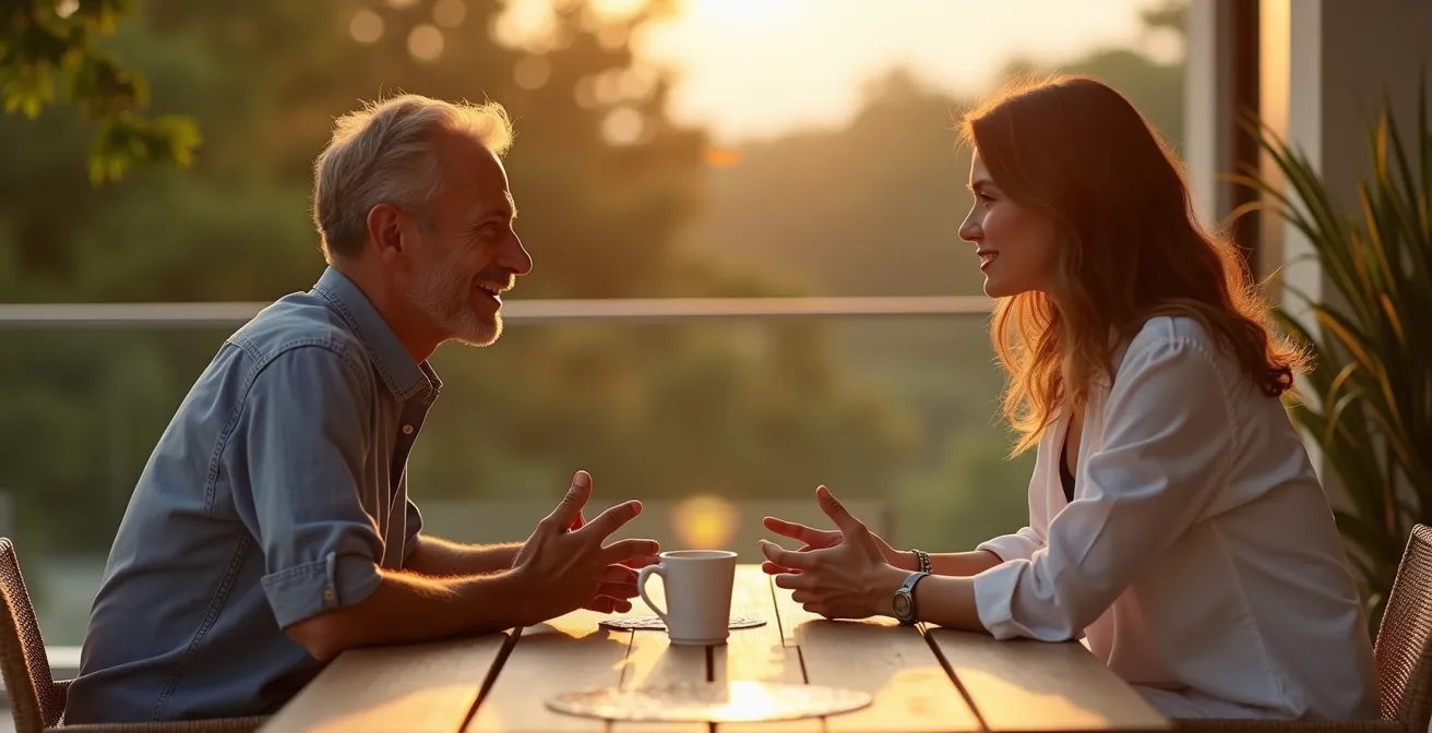 Dos personas conectando emocionalmente bajo luz dorada natural